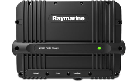Raymarine E70298 CP470 CHIRP sonar module, front view of black module with Raymarine logo and three ports