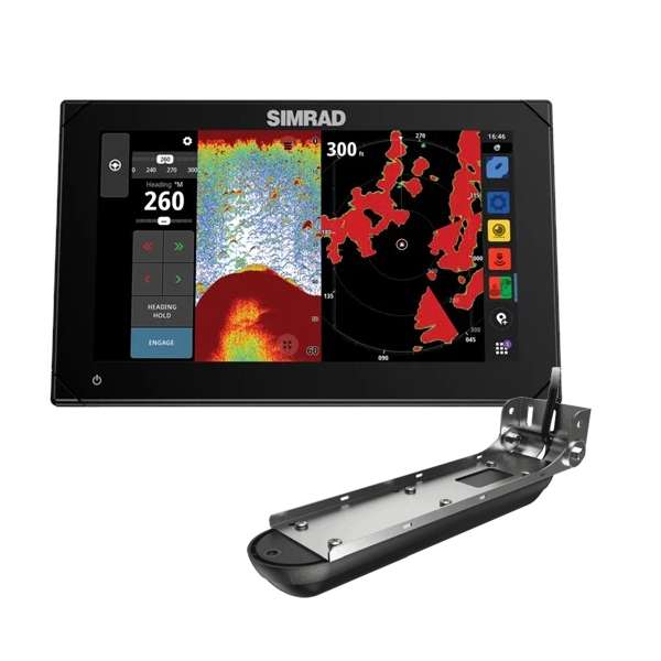 Simrad NSX 3012 12 inch touchscreen 000-15370-001 showing sonar and radar, with Active Imaging transducer in front