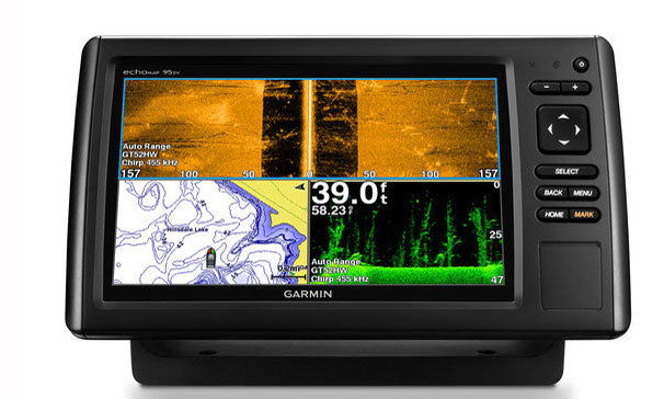 Garmin echoMAP CHIRP 95sv 010-01581-10 GPS with SideVu, front view of sidescan, chart and sonar panes, 39.0
