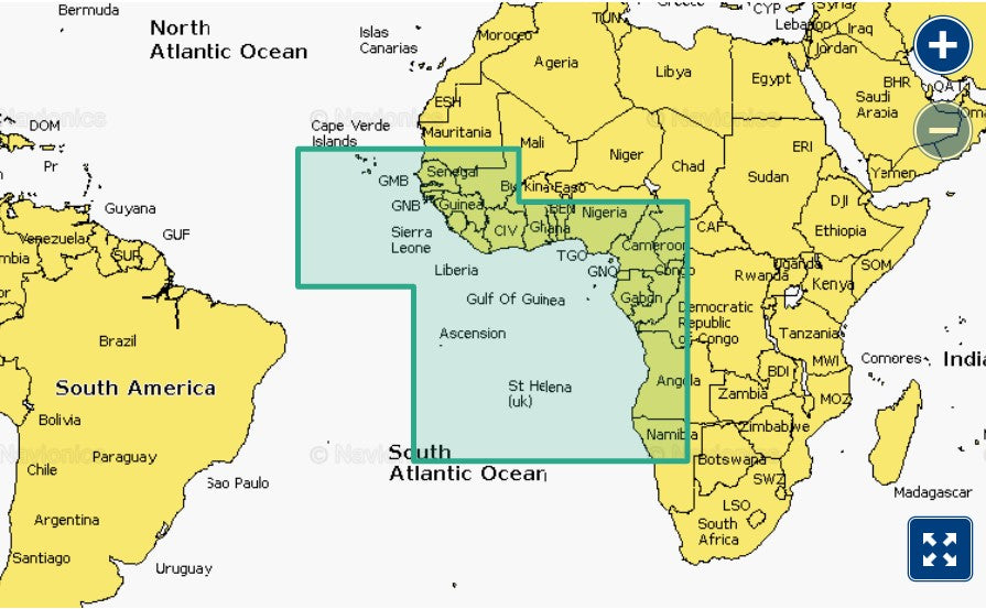 Garmin Navionics+ 010-C1226-00 Africa West NVAF005R coverage, green selection over the Gulf of Guinea