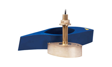 Garmin Airmar B275LHW 010-12183-20 transducer, bronze stem and cream base on a dark blue fairing block
