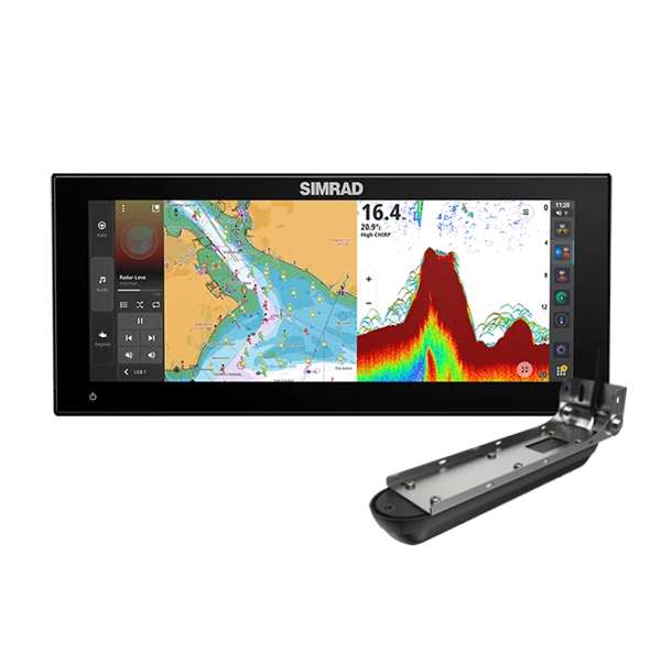 Simrad 000-16279-001 NSX 3012UW with AI 3-in-1 ROW, widescreen display showing chart and sonar, with a transducer