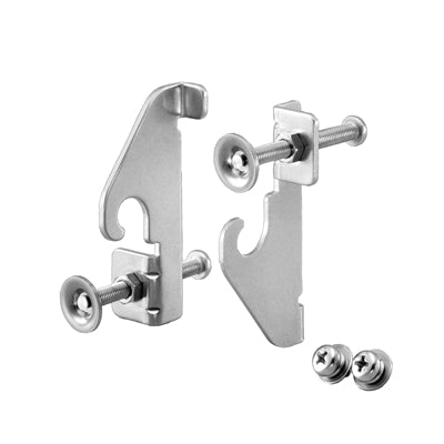 Icom MB-75 mounting kit contents, two metal brackets with thumb screws and two spare screws, angled view