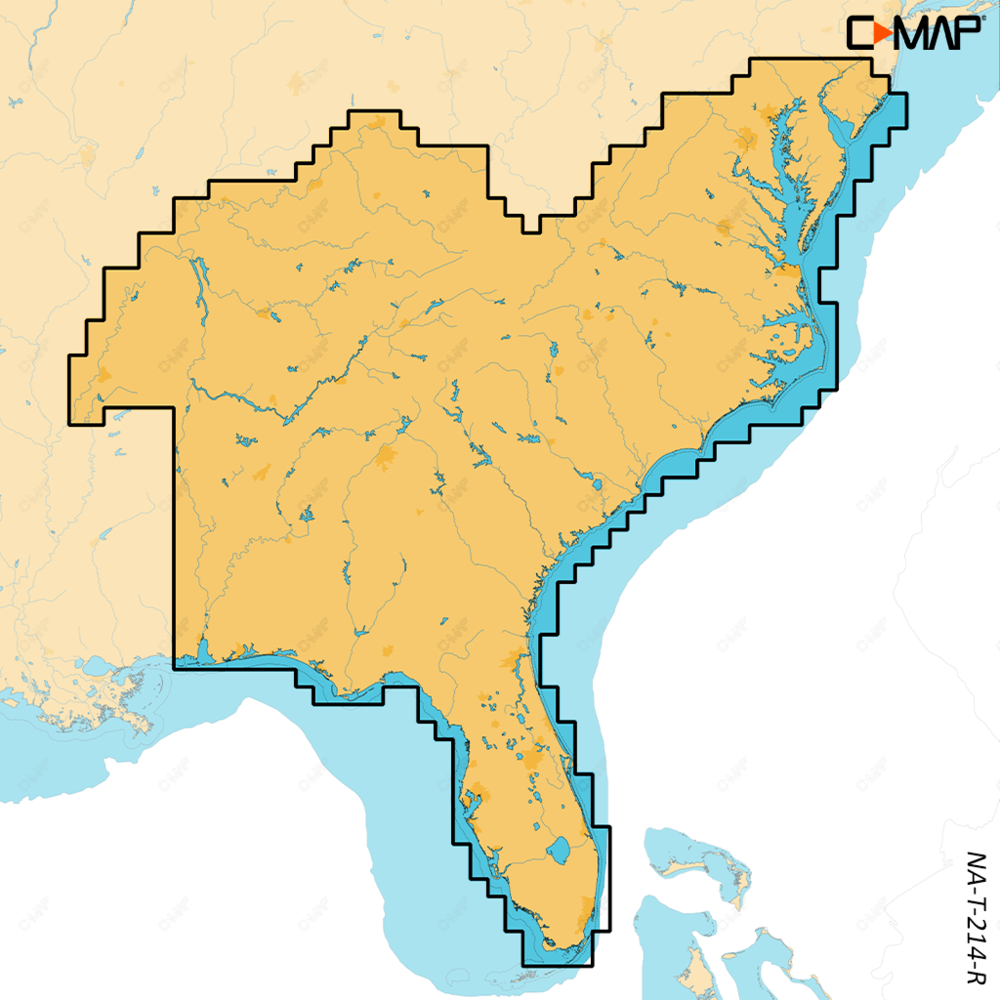 C-MAP Reveal X chart M-NA-T-214-R-MS, coverage map of US Lakes Southeast, black outline on orange land