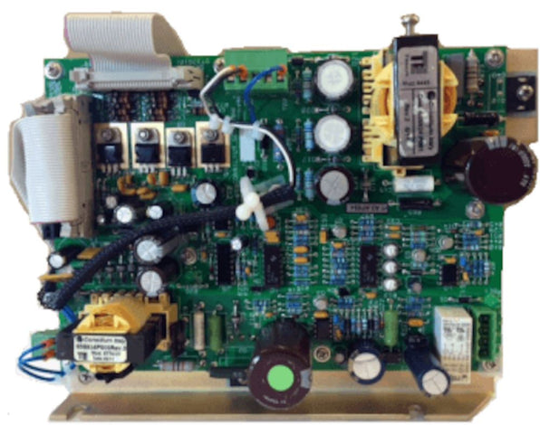 Simrad commercial SRT power PCB 000-10671-001, bare green circuit board with capacitors and transformers, top view