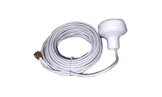Raymarine A80589 GA200 GPS external antenna, white round antenna with a coiled white cable and a threaded plug