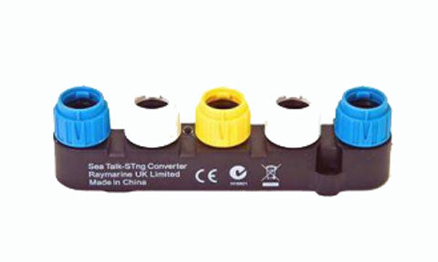 Raymarine R52131 SeaTalk ng to SeaTalk 1 converter, black block with blue, white and yellow caps and a label