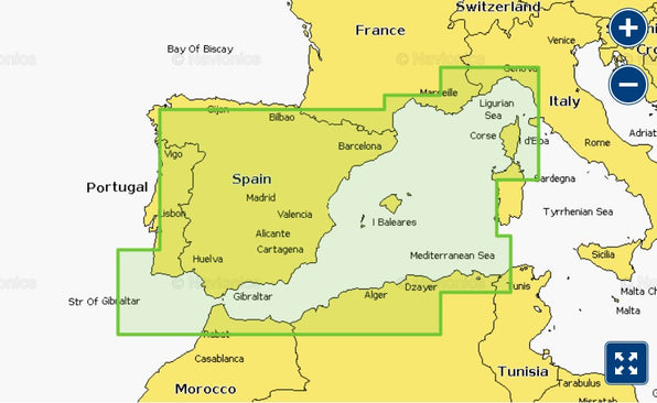 Garmin Navionics+ 010-C1237-00 Spain Mediterranean Coast NVEU010R coverage, green selection over Spain and Balearics