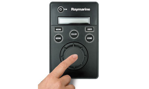 Raymarine E32130 joystick control unit for T-Series thermal cameras, black keypad with a screen and a finger on the joystick