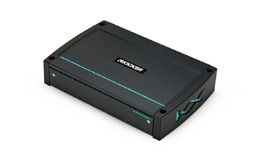 Kicker KXM Marine 400W 4 channel full-range amplifier, KA44KXMA4004, flat black amplifier with a teal stripe and Kicker logo