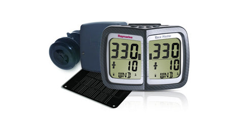Raymarine T075-868 Micronet Race Master system with triducer and solar panel, two grey displays reading 330 and 10