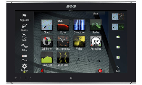 B&G 000-11737-001 Zeus2 ZM19-T 19 inch glass helm touch monitor, front view of a black display showing app tiles