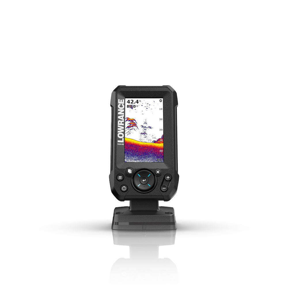 Lowrance 000-16110-001 Eagle 4x with bullet skimmer transducer, front view of a small portrait fishfinder on a bracket