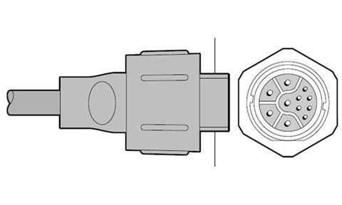 Raymarine A102148 CP450C, CP470 and CP570 CHIRP transducer extension, drawing of a cable end beside a round socket