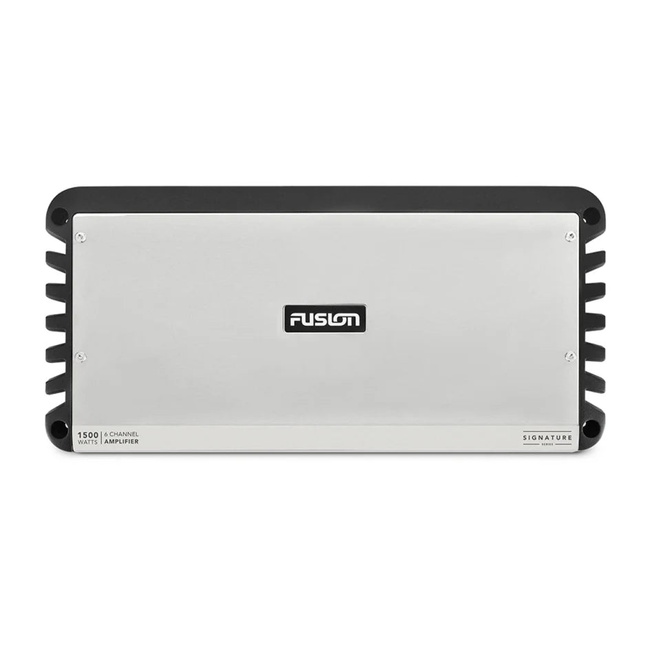 Fusion Signature Series 010-02161-00 6 channel 1500 watt marine amplifier, silver top with black fins, front