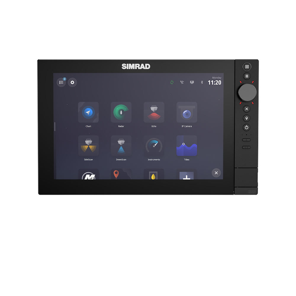 Simrad NSS 4 12 inch chartplotter 000-16276-001 front view showing home screen icons and rotary dial