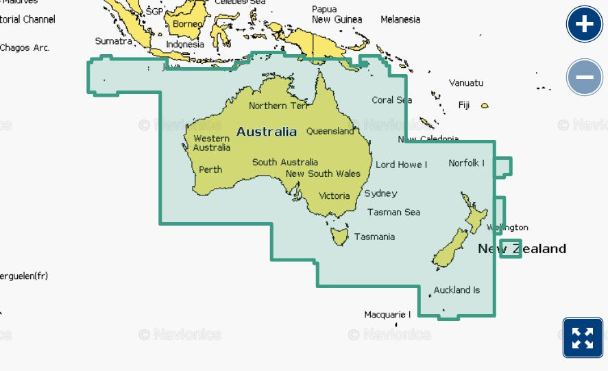 Garmin Navionics+ 010-C1357-30 Australia and New Zealand NAPC012L coverage, green selection over Australia