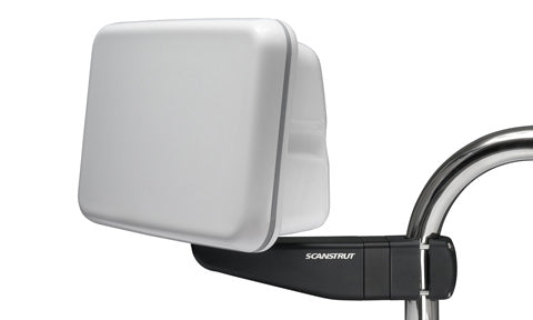 Scanstrut SPR-7S-AM white arm mounted pod on a stainless rail, side view with the black arm and Scanstrut logo