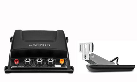 Garmin GCV 10 010-01156-00 DownVu and SideVu scanning sonar module, black box with sockets and a transducer