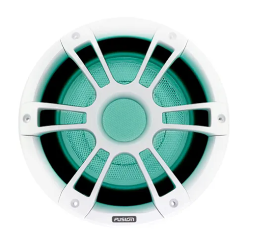 Fusion 010-02435-10 10in 600 watt sports white marine subwoofer, front view lit aqua with white grille