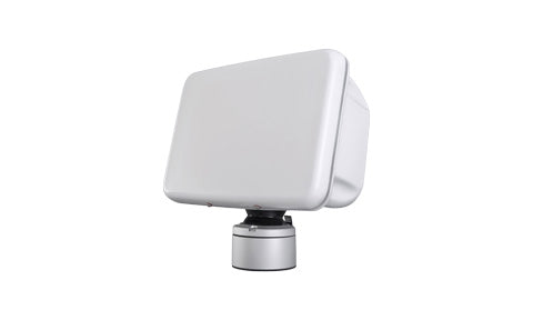 Scanstrut SPD-8-W white Deck Pod, front three-quarter view of the enclosure on its silver round swivel base
