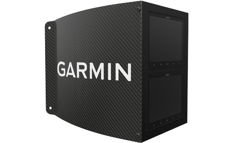 Garmin 010-12236-00 carbon fibre mast bracket for two GNX 120 displays, black bracket with Garmin lettering
