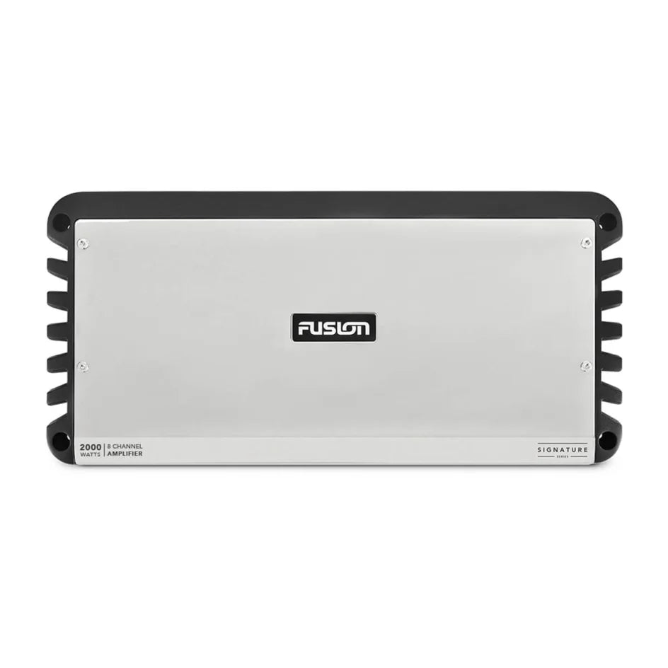 Fusion Signature Series 010-02162-00 8 channel 2000 watt marine amplifier, front view of silver panel with black fins