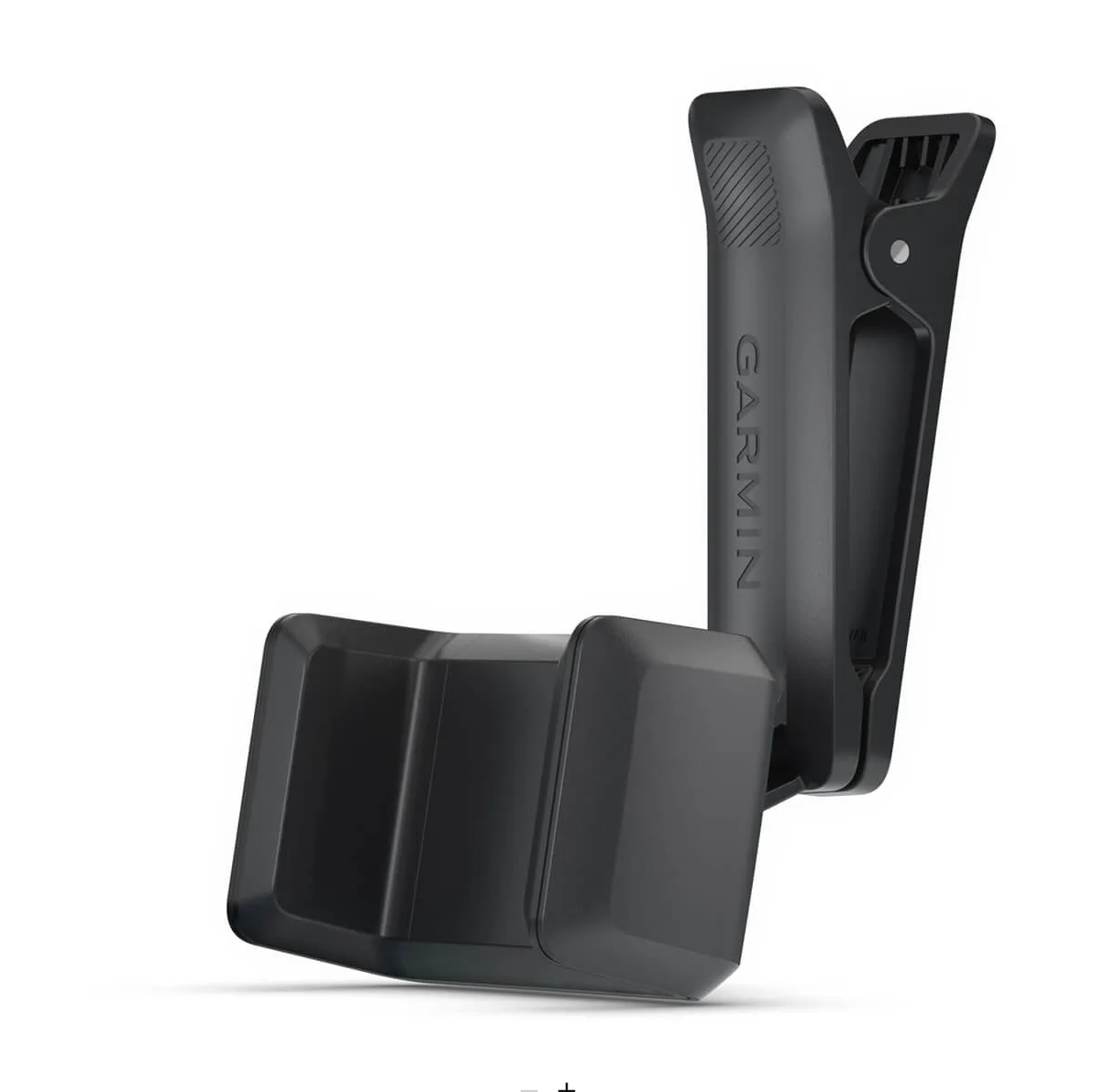 Garmin 010-12981-00 phone mount, black spring clip holder with Garmin lettering, angled view