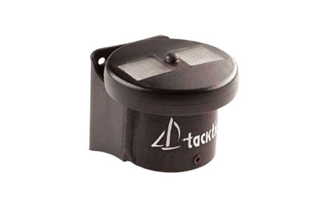 Raymarine T221 wireless mast rotation transmitter, black Tacktick unit with a small solar panel, front view