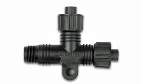 Garmin NMEA 2000 tee connector 010-11078-00, black T-shaped connector with threaded nuts and mounting eye