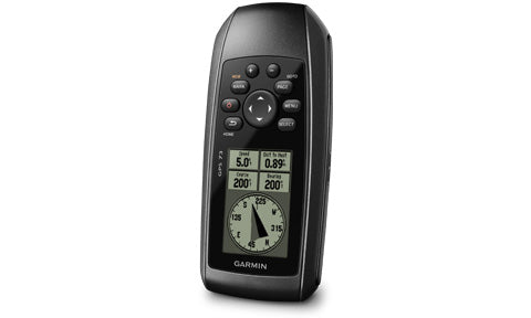 Garmin GPS 73 010-01504-00 handheld marine GPS, black unit with display showing speed and data fields