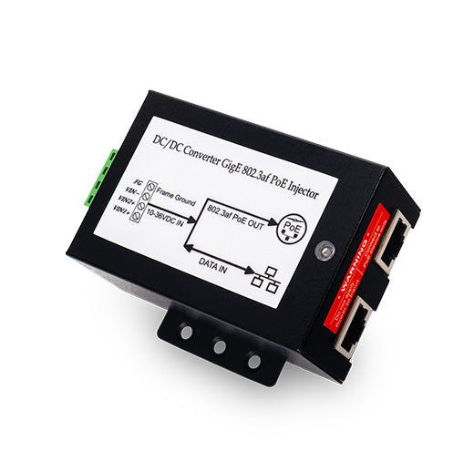 Raymarine A80811 PoE injector 12-24 V DC 5 Gb, black metal box with white label, green terminals and red Ethernet ports