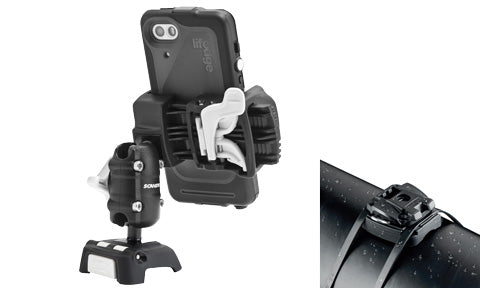ROKK Mini phone kit RLS-509-403 holding a phone on a ball arm and clamp, with a close-up of the cable tie fixing