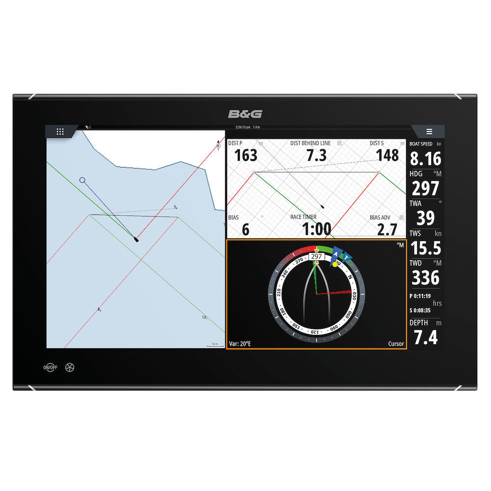 B&G 000-15050-001 Zeus3 S Glass Helm 19 inch display only, black display showing a chart, sailing dials and a wind gauge