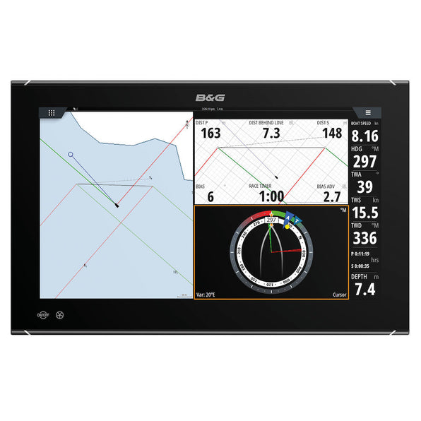 B&G 000-15050-001 Zeus3 S Glass Helm 19 inch display only, black display showing a chart, sailing dials and a wind gauge