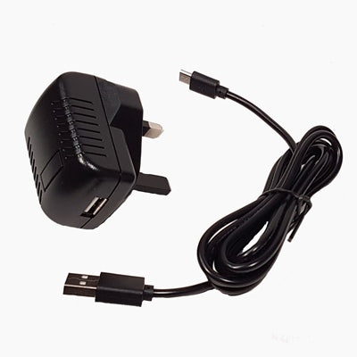 Icom BC-USB.001 USB charger, black UK three-pin mains adapter with attached USB cable and small plug end
