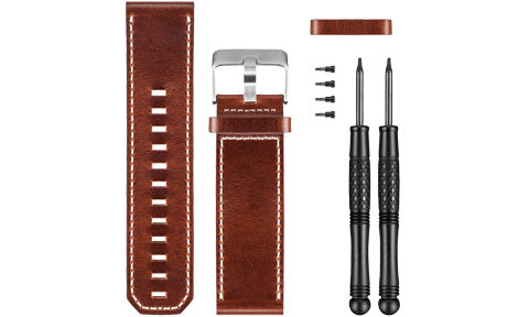Garmin 010-12168-12 Quatix 3 brown leather watch band, silver buckle, keeper, screws and two screwdrivers