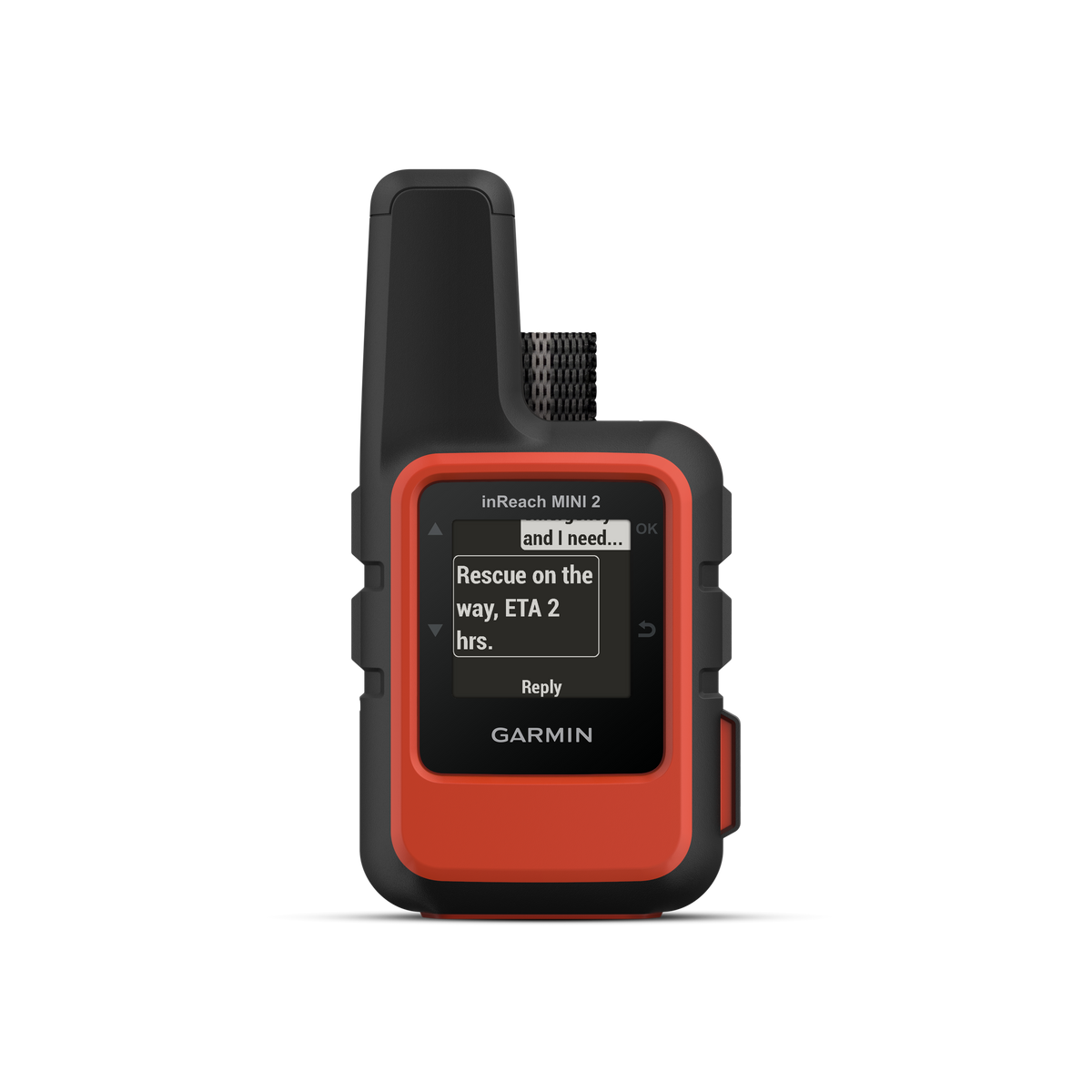 Garmin inReach Mini 2 010-02602-02 in flame red, front view with message Rescue on the way, ETA 2 hrs
