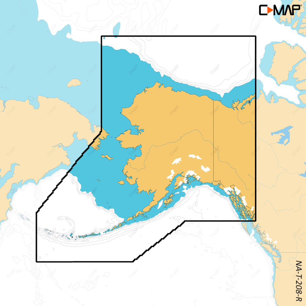 C-MAP Reveal X chart coverage map M-NA-T-208-R-MS showing Alaska region outlined in black