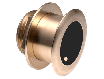 Lowrance B175M 000-16205-001 bronze 20 degree through-hull CHIRP transducer, angled view of the black face and flange