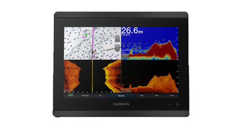Garmin GPSMAP 8410xsv 010-02091-02 10 inch chartplotter fishfinder, front view with chart and sonar panes