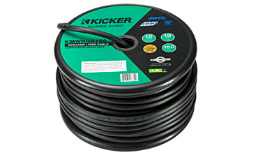 Kicker KM Marine speaker and RGB wire, 150 ft, KA46KMWRGB150, large black cable reel with a green and teal label