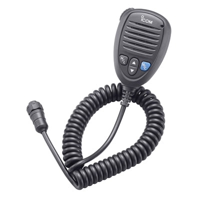 Icom HM-214V waterproof microphone, black microphone with a ribbed front, four buttons and a coiled lead with a round plug