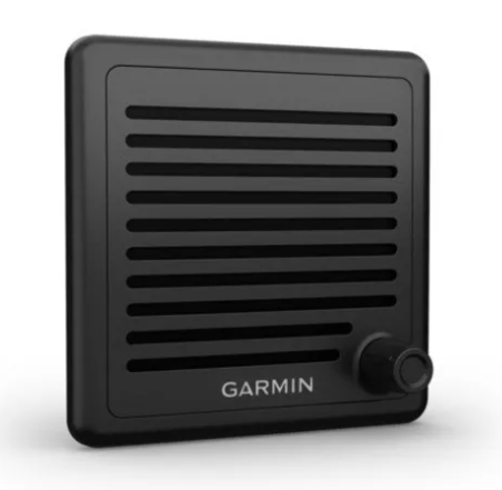 Garmin 010-12769-00 active speaker, black square speaker with slatted grille and volume knob, front view