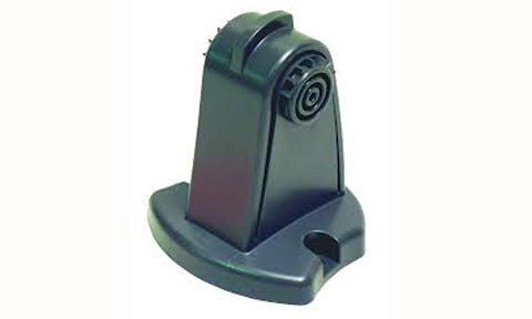Lowrance 000-0113-16 black transducer head with round socket on a moulded base, front three-quarter view