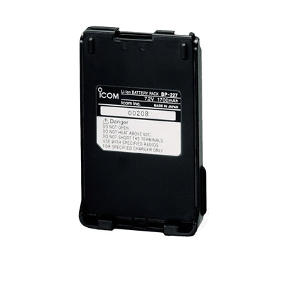 Icom BP-227AXD ATEX battery pack, black battery with a white label showing BP-227 and 7.2V 1700mAh