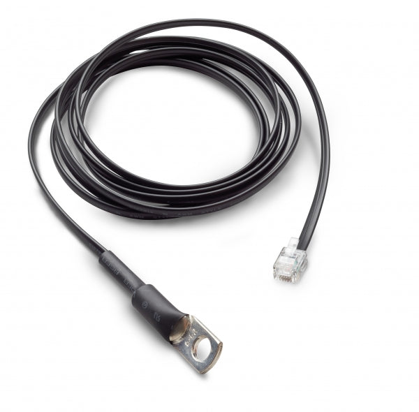 Mastervolt alternator temperature sensor, black coiled cable with ring terminal at one end and RJ plug at other