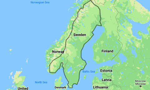C-Map Local Chart EN-Y590 Scandinavia Inland Waters, coverage outline over Norway and Sweden on a map