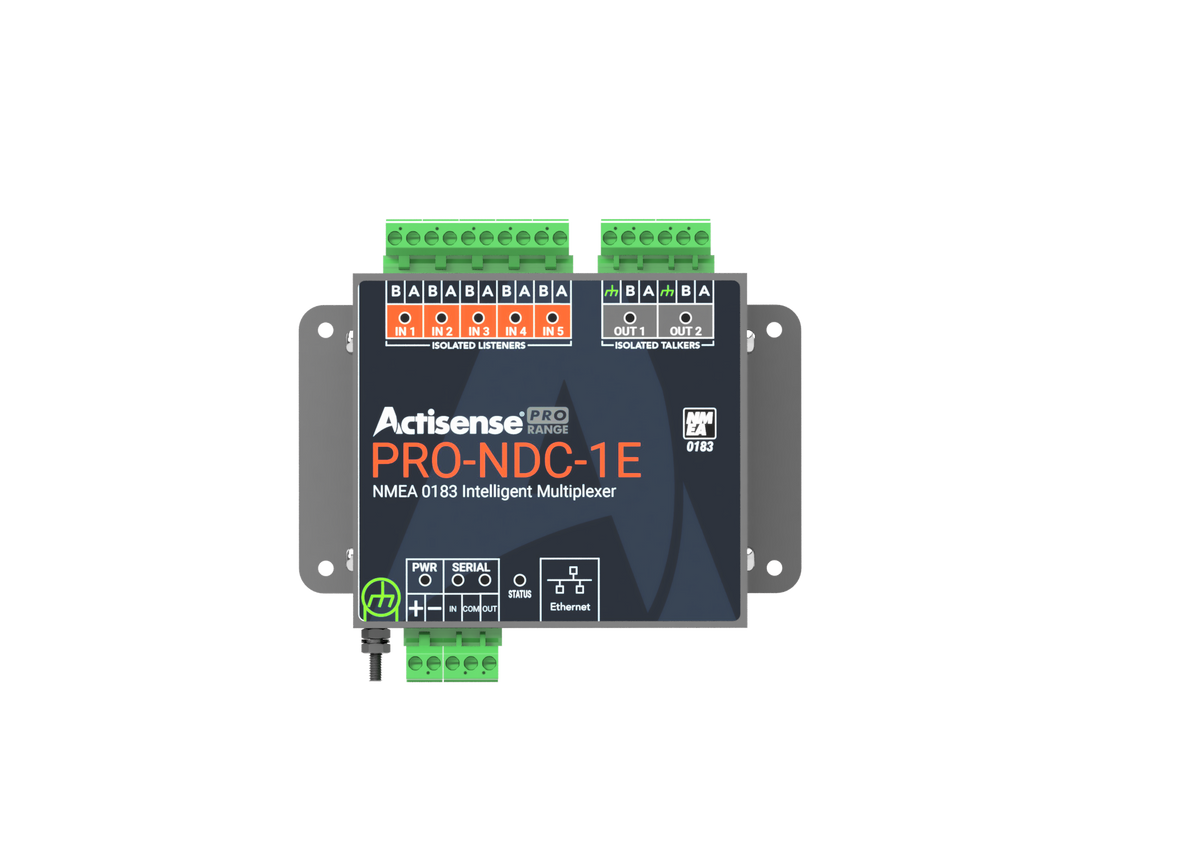 Actisense PRO-NDC-1E five inputs, two ISO-Drive outputs, Ethernet and serial, dark box with green terminals, on black