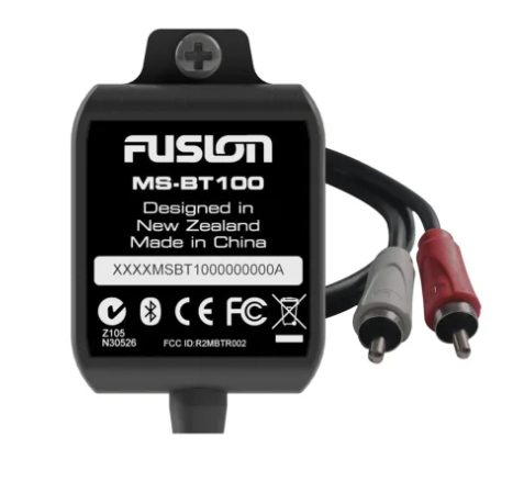 Fusion MS-BT100 Bluetooth module, black box with a screw lug, a label and red and white RCA leads, large view